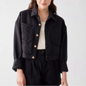 DL1961 Cropped Denim Jacket Black Size XS  Quilted Pockets Button Down Collar